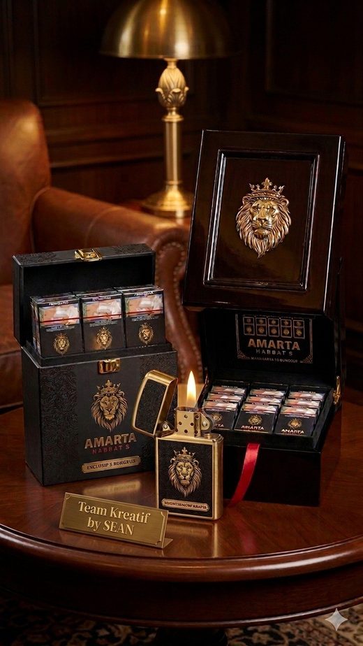 Set box kayu mewah AMARTA dengan emblem singa emas